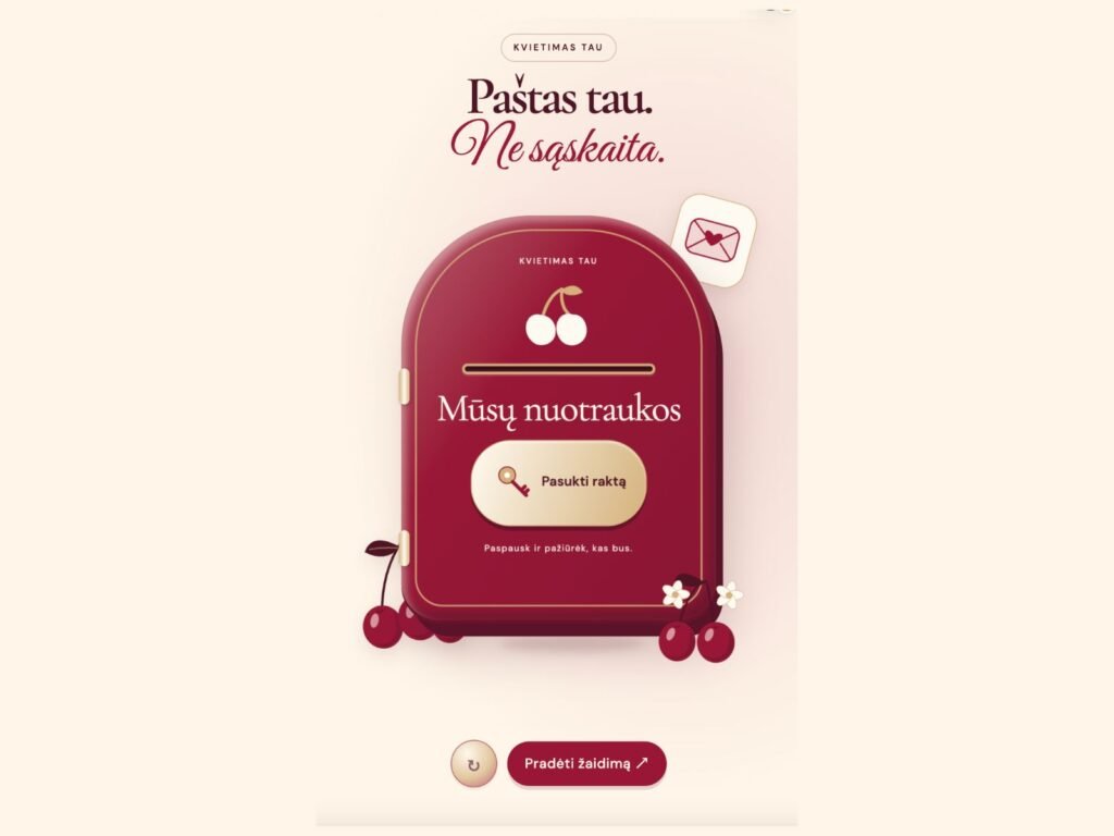 „Cherry Mail“ vestuvių kvietimas su bordo pašto dėžute, vyšniomis ir žaidimo pradžios mygtuku