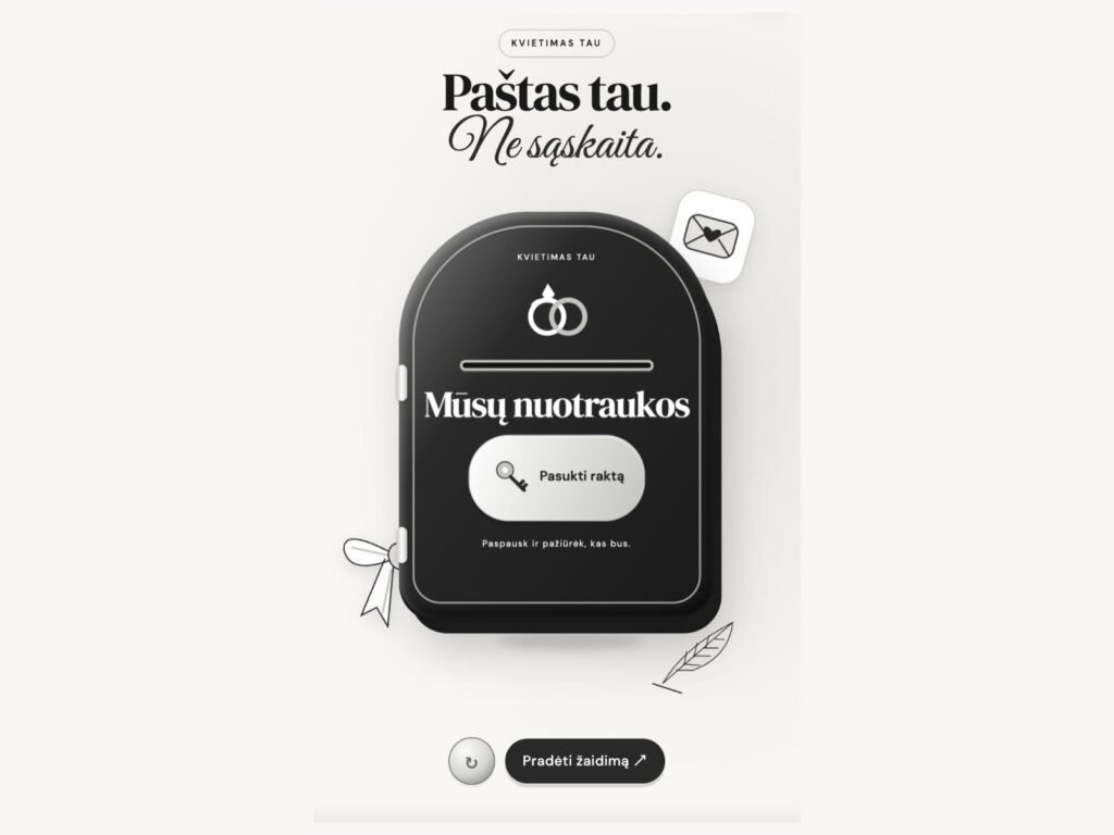 Nespalvotas „Love Letters“ vestuvių kvietimas su retro pašto dėžute ir žaidimo pradžios mygtuku