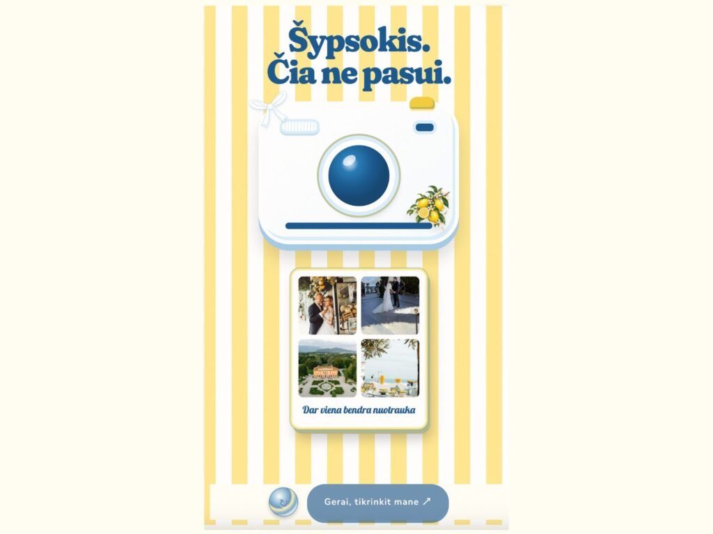 „Main Squeeze“ vestuvių kvietimas su baltu fotoaparatu, citrinomis, geltonomis juostomis ir poros nuotraukomis