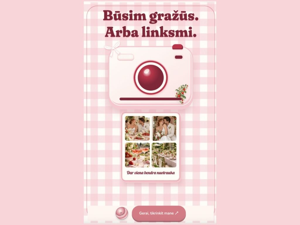 „Strawberry Kiss“ vestuvių kvietimas su rausvu fotoaparatu, braškėmis, baltu kaspinu ir kvadratinių nuotraukų kortele